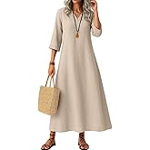 Linen Maxi Dress for Women,V Neck 3/4 Sleeve Solid Boho Beach Vacation Dress,Casual Loose Spring Summer Long Dresses