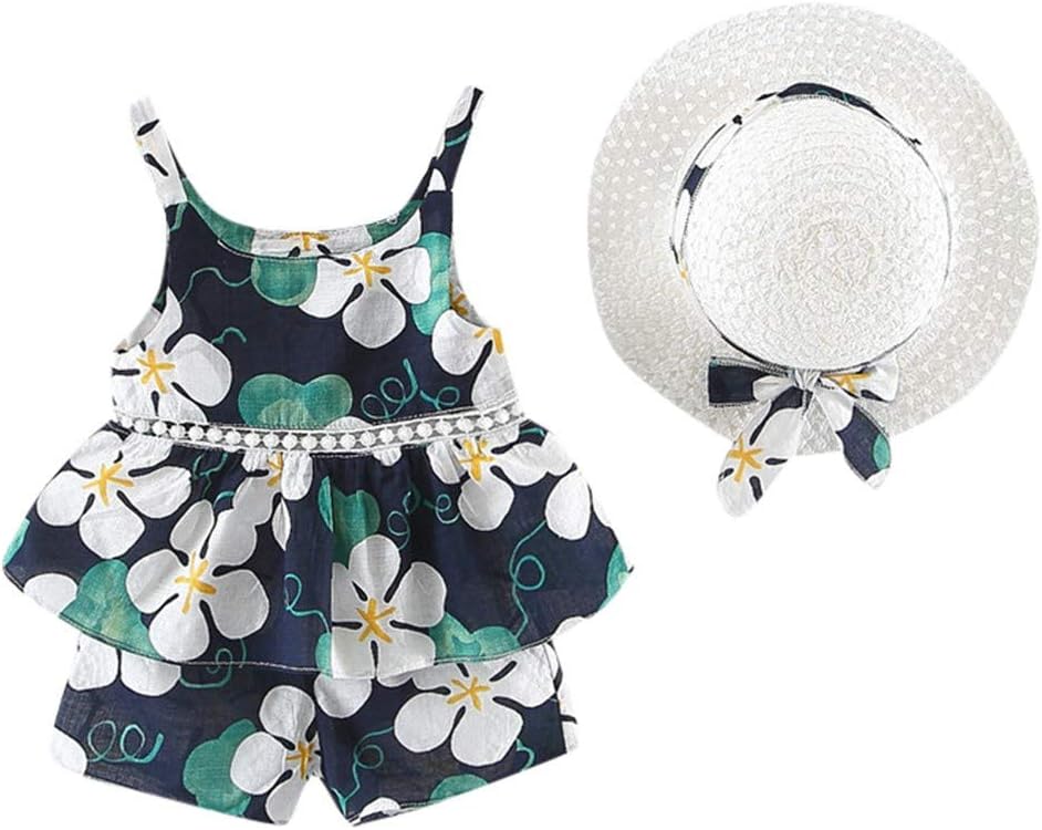 Baby Girls Clothes, Girls Floral Fruit Print Strap Shirt Dress T-Shirt Tops + Shorts +Hat Outfits 6 Months - 4 Years