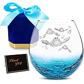 Sea Turtle Gifts for Women, Etched Sea Turtles Family Handmade Engraved Crackle Turquoise Beach Wine Glass With Velvet Gift Box 18 Ounces