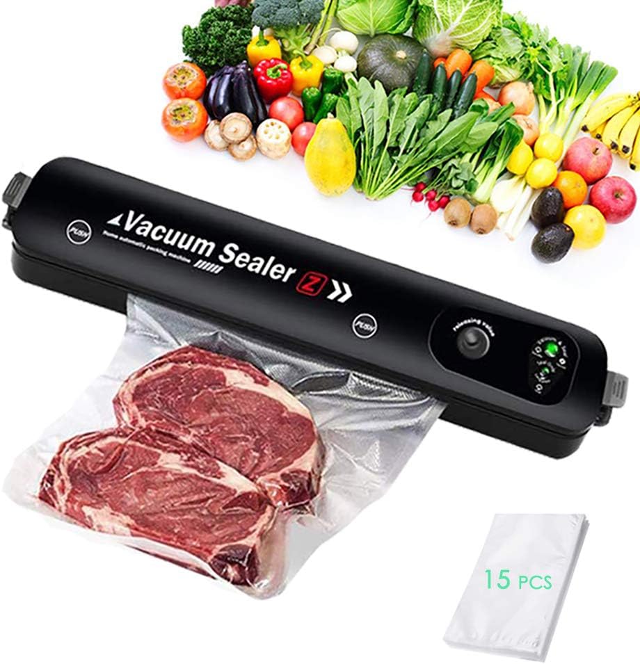 Vacuum Sealer Machine with 15 Food Grade Bags, Automatic Food Sealer with Air Sealing System, Overheat Protection, for Food Preservation Storage Saver