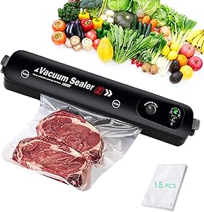 Vacuum Sealer Machine with 15 Food Grade Bags, Automatic Food Sealer with Air Sealing System, Overheat Protection, for Food Preservation Storage Saver