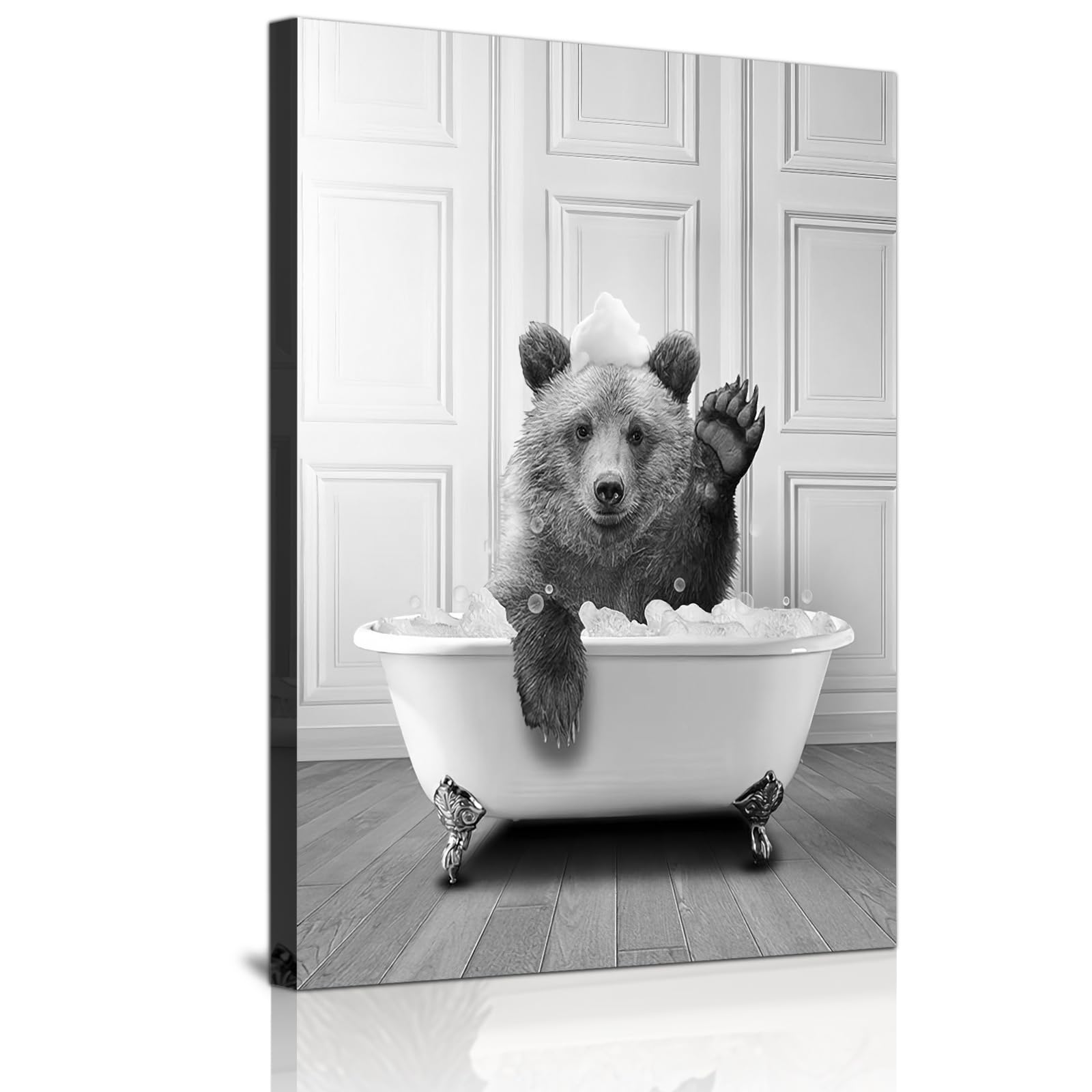 Cute Newspaper Animal Wall Art Black and White Canvas Printed Cabin Bathroom Decoration Bath Wall Picture Frameless (Bar, 1 Piece - 20 x 30 cm)