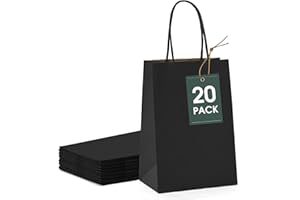 GSSUSA Kraft Paper Gift Bags 5.25x3.75x8'' 20 Pcs, Black Paper Bags with Handles, Bulk Kraft Gift Bag for Shopping, Craft, Grocery, Party, Retail, Lunch, Business, Wedding, Merchandise, Boutique