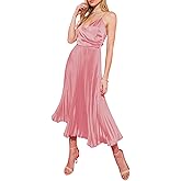 ZAFUL Womens Satin Sexy Backless Wrap V Neck Sleeveless Spaghetti Strap Pleated Flowy Party Midi Dress