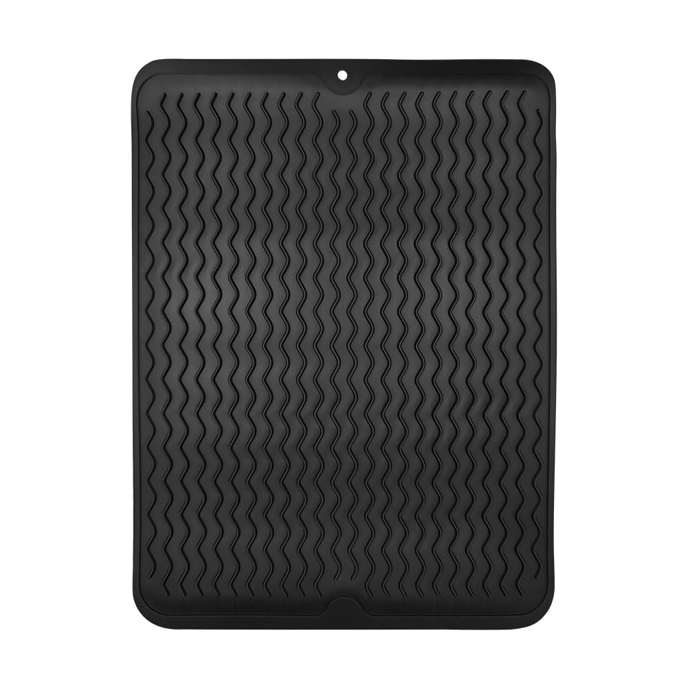 HAISHANG Silicone Dish Drying Mats, Easy Clean Draining Board for Kitchen Counter-top Tabletop Accessories, Heat Resistant and Non-Slip Dish Draining Mat, 15.8 x 12 inch (Black)