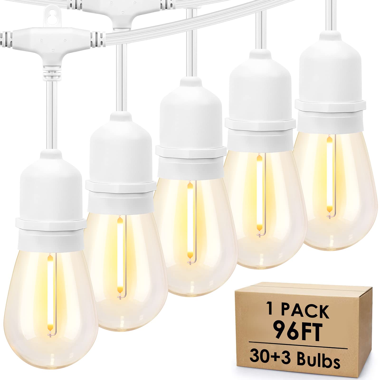 Photo 1 of Mlambert White Cord 96FT Outdoor String Lights with 30+3 LED Plastic Bulbs, Dimmable Waterproof Shatterproof Linkable Patio Light for Pergola Backyard