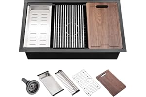 25 Inch Black Undermount Kitchen Sink-Hovheir 25x19 Black Kitchen Sink Undermount 16 Gauge Stainless Steel 10 Inch Deep Ledge Workstation Single Bowl Kitchen Sink with Cutting Board