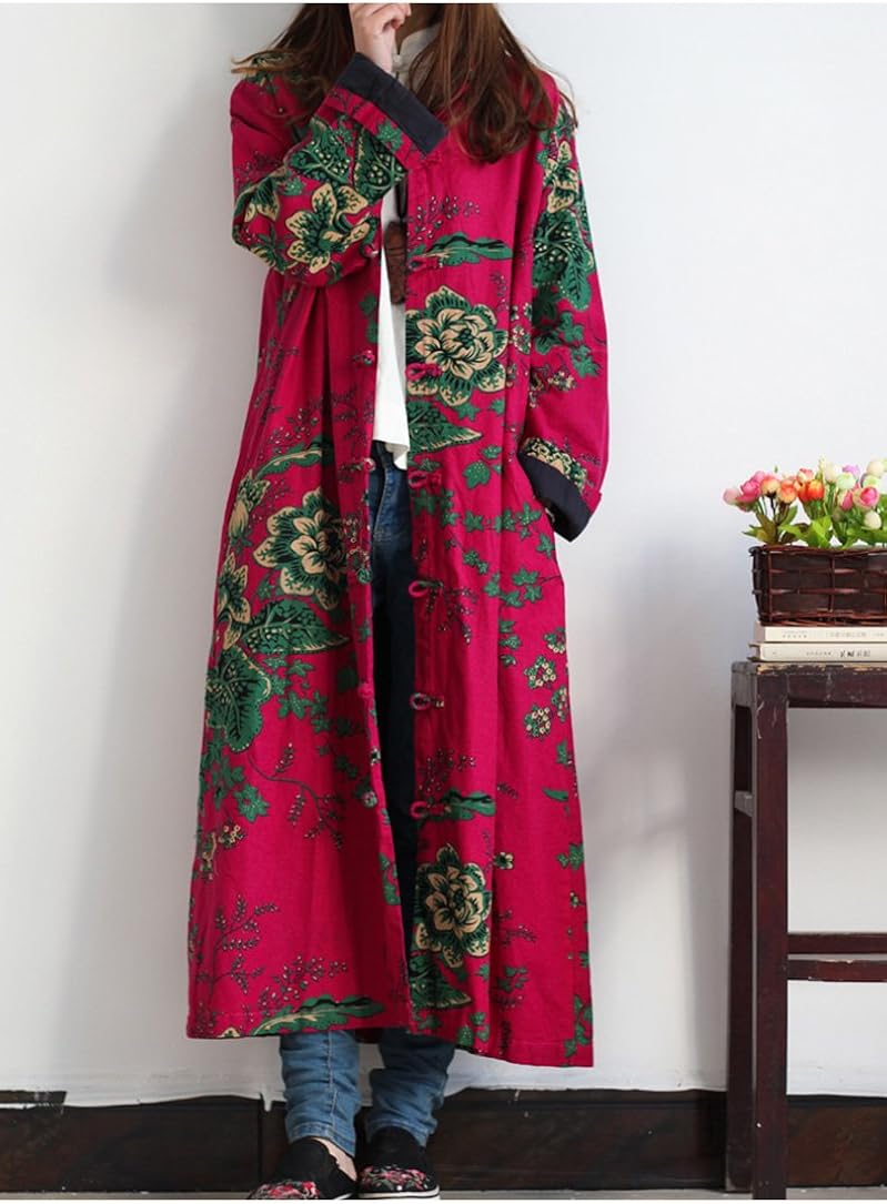 LZJN Women Trench Coat Floral Print Long Jacket with Pockets (Red): Clothing