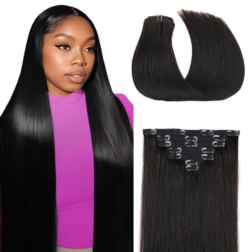 Photo 1 of 32 Inch 1B Clip in Hair Extensions,Soft Real Human Hair 120g 7pcs,Brazilian Remy Clip ins for Women,Natural Black Clip ins Silky Straight Hair Extensions