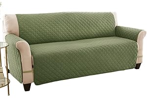 Collections Etc Reversible Spill Resistant Quilted Furniture Protector Cover with Ties - Covers Seat Bottom, Seat Back and 2 Seat Arms, Olive/Sage, Loveseat