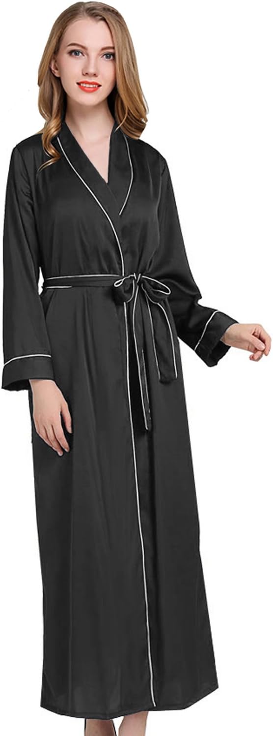 coowalk Women's Long Kimono Robe, 135cm, Solid Color Black