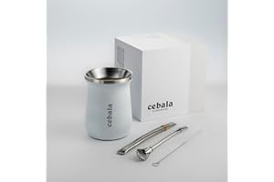Cebala Yerba Mate Natural Gourd/Tea Cup Set (Original Traditional Mate Cup) PREMIUM QUALITY | Includes 2 Bombillas (Yerba Mate Straws to Use) & Cleaning Brush | Stainless Steel (White)