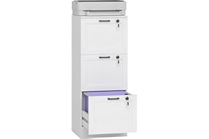 HOMCOM Vertical File Cabinet with 3 Drawers, Lockable Filing Cabinet for Home Office, Printer Stand with Hanging Bar for A4 a