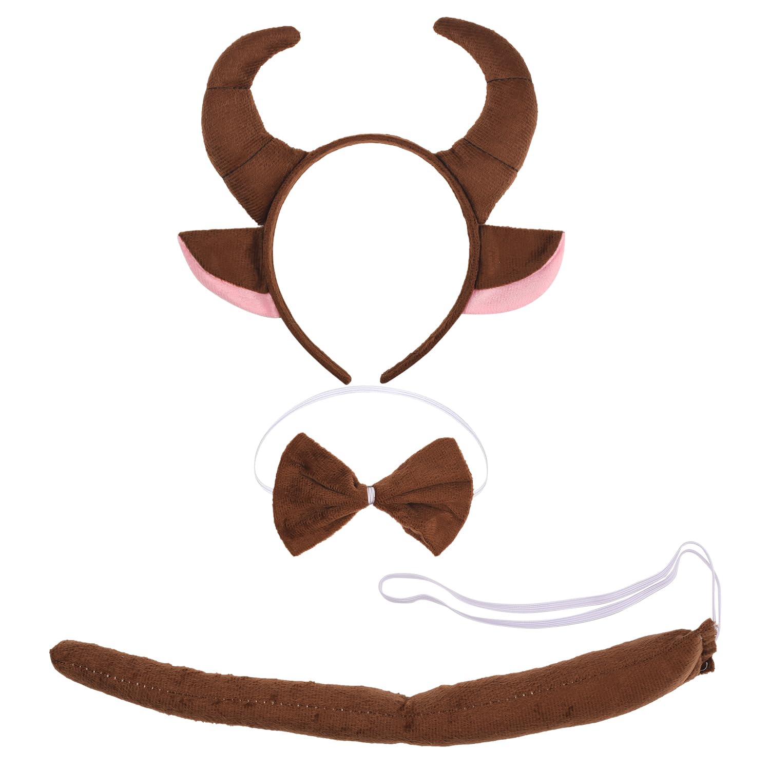 MEISH 3 Pieces Bull Costume Accessories Brown Horn Headband with Ears Bow Tail Halloween Dress Up Props for Adult Masquerade Ball