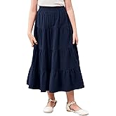 GORLYA Girls Casual Vintage Solid Elastic High Waist Tiered Hem Long Swing Linen Maxi Skirt for 4-14T