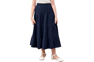 GORLYA Girls Casual Vintage Solid Elastic High Waist Tiered Hem Long Swing Linen Maxi Skirt for 4-14T