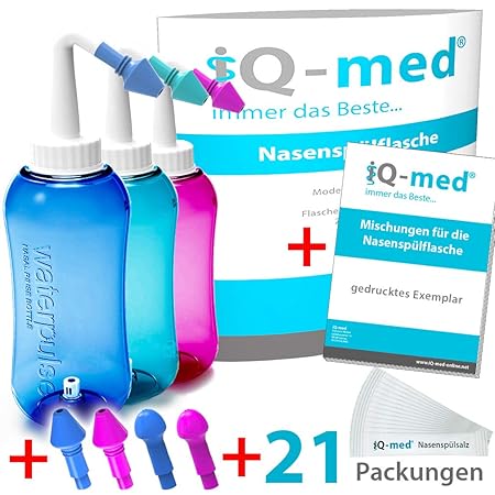 iQ-med Nasendusche 500ml + 21x Salz + Rezeptbuch + 4 Aufsätze (blau)