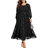 Pinup Fashion Plus Size Fall Dress - 2025 Wedding Guest Long Sleeve Floral Lace Long Dress with Belt