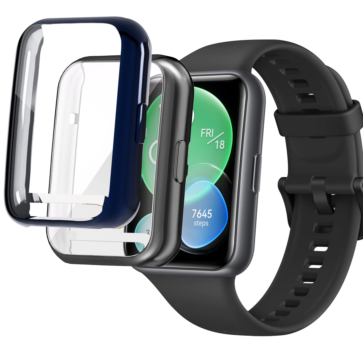 2 pieces: Akancy case compatible with Huawei Watch fit 2, protective case, protective film, scratch-resistant screen protector, silicone, full body cover, TPU full protection – black and blue