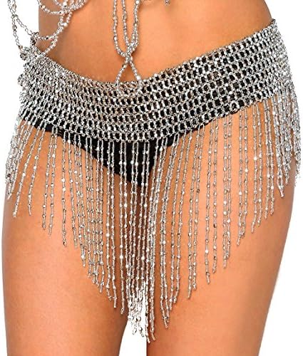Western F.a.s.h.i.o.nWestern Fashion Stretchy Elastic Fringe Beaded Gypsy Belt Rave Belly Dance (Silver)