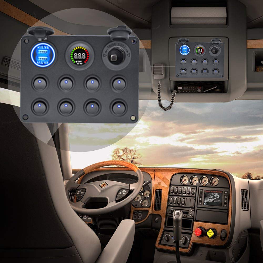 MKING Dual USB Charger Socket Multi-Functions Panel for -4.2A + 12V Power Outlet + LED Voltmeter + 8 Gang ON-Off Toggle Switch(Blue)