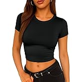 ForeFair Women's Casual Going Out Crop Tops Crew Neck Slim Fit Short Sleeve Basic Tight T Shirts