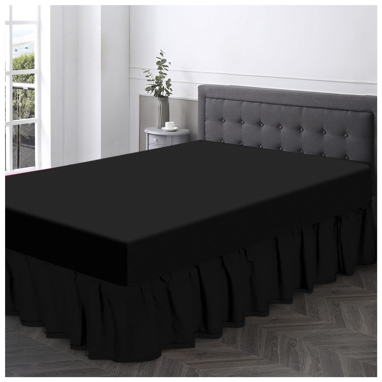 GC GAVENO CAVAILIA Polycotton Frilled Base Single Size, Corner Elasticated Skirts, Breathable Plain Bed wrap, Polyester-Cotton, Black, King Valance Sheet