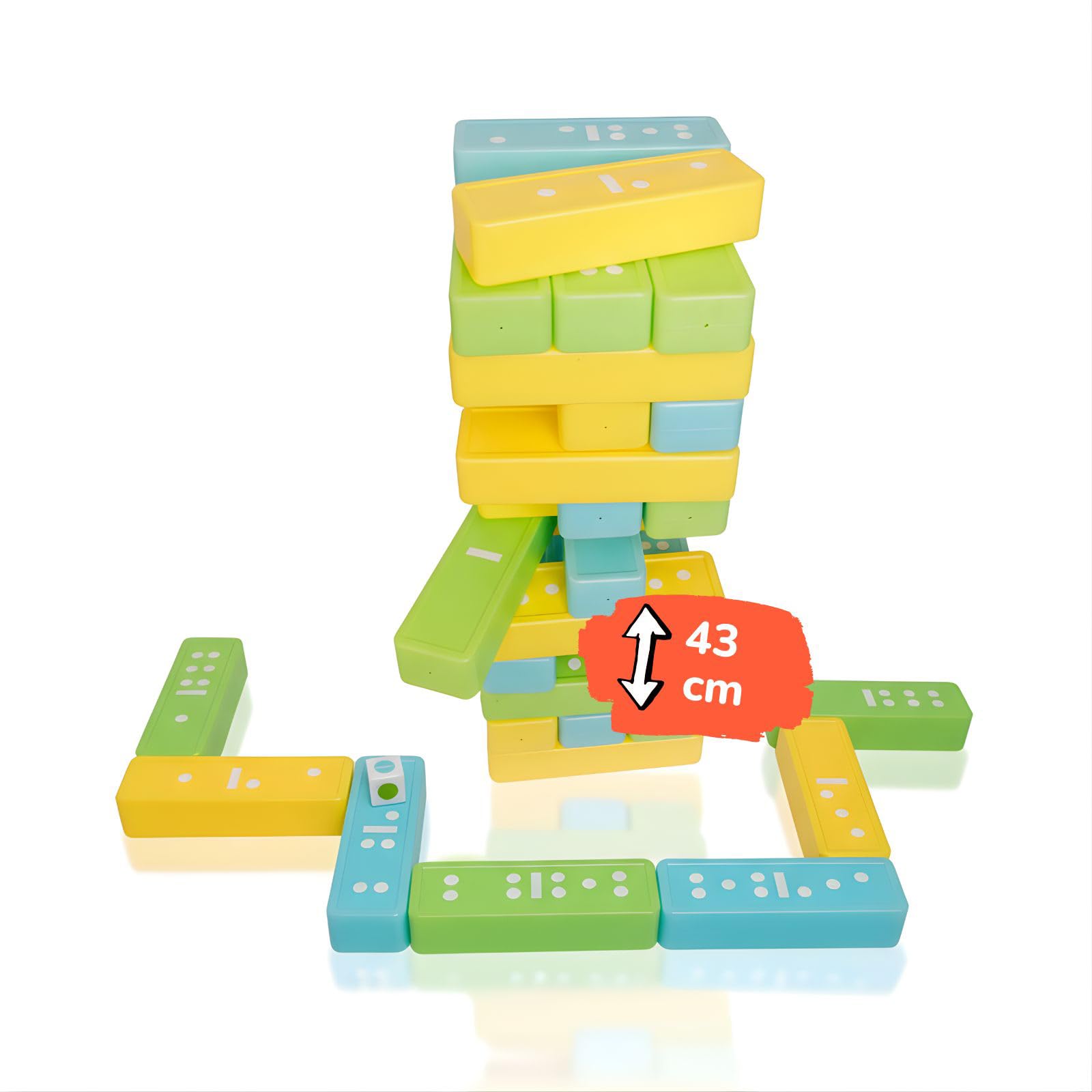 alldoro 60065 2-in-1 Tower & Domino Game Set, XXL Wobble Tower + Dominoes as Tile Game in Giant Format, 30 Plastic Building Blocks with Carry Bag, Stackable Game for Indoor, for Children from 2 Years