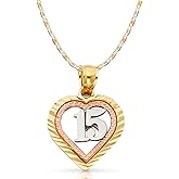 Ioka 14K Tri Color Gold Sweet 15 Years Quinceanera Heart Charm Pendant with 1.5mm Valentino Chain Necklace