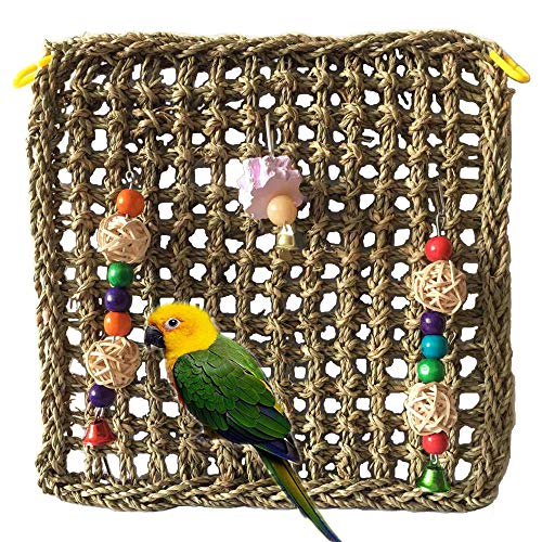 PIVBY Bird Foraging Wall Toy Parrot Chewing Hanging Hook Toys Seagrass Woven Climbing Hammock Mat for Birds Cockatiel African Grey Conure Cage Accessories
