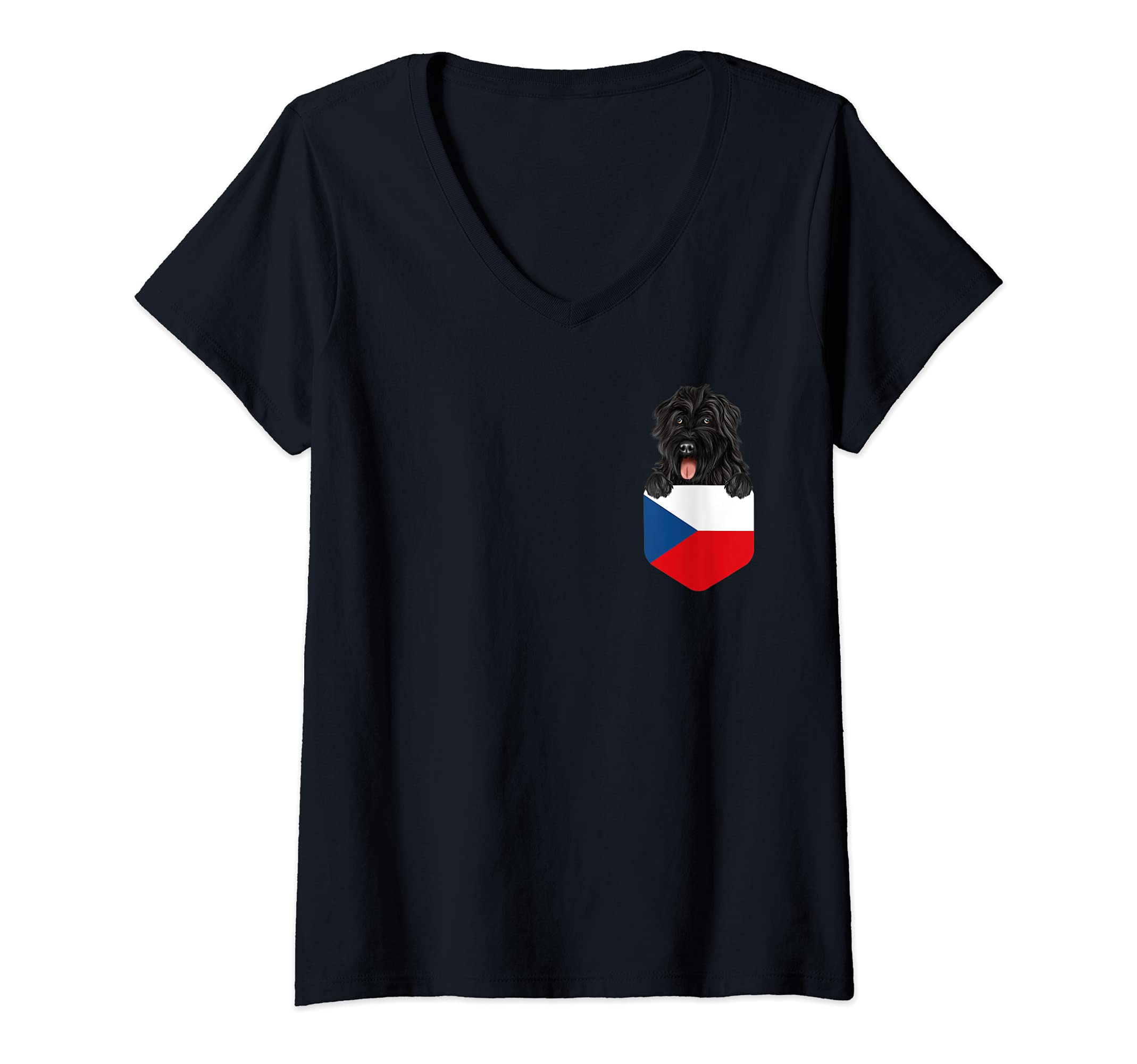 Womens Czech Republic Flag Bouvier des Flandres Dog In Pocket V-Neck T-Shirt