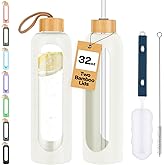 OxyFlask Glass Water Bottles 32 oz - Motivational Drinking Glass Water Bottle with Silicone Sleeve, Straw & 2 Bamboo Lids - 1 Liter Clear Borosilicate Daily Intake Tumbler with Time Marker - Cream