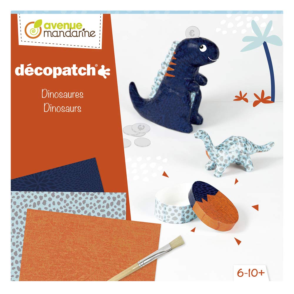 Avenue Mandarine - Ref KC114C - Décopatch Creative Box - Dino Piggy Bank, Dinosaur & Egg Box to Customize - Includes Maché Objects, 3 x Décopatch sheets, 1 x Brush and Glues - Suitable for Ages 6-10+