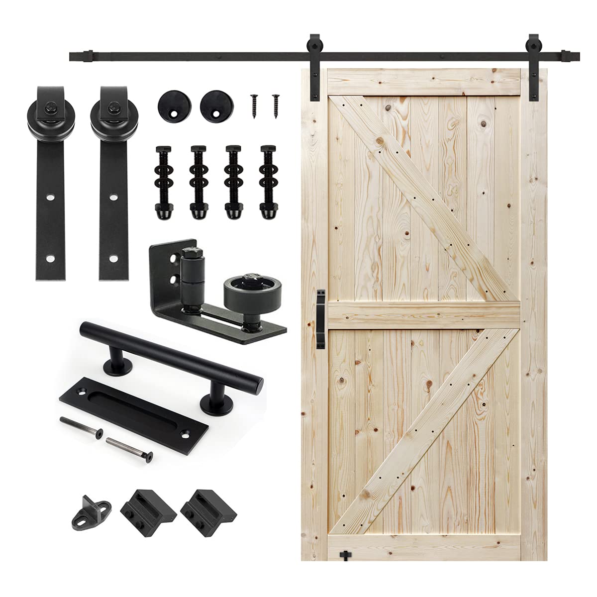 S&Z TOPHAND 42 in. x 84 in. Unfinished British Brace Knotty Barn Door with 8FT Sliding Door Hardware Kit/Solid Wood/Sliding Door/Double Surfaces/A Simple Assembly is Required (42, Door+J Shape)
