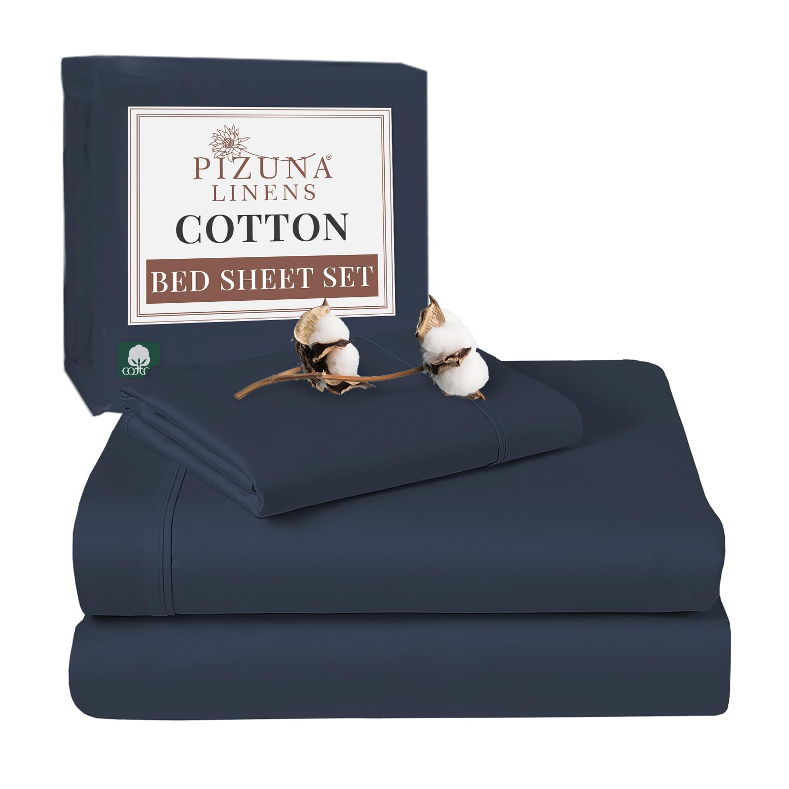 Pizuna 100% Cotton Single Bed Sheet Set Dark Blue, 400 Thead Count Long Staple Cotton Bedding Set 180x280 cm, Soft Sateen 3 PC Single Bed Sheet Set - Fitted Sheet, Flat Sheet & 1 Pillowcase โ image 1