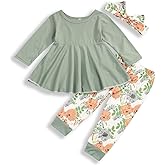 bilison Toddler Baby Girl Clothes Solid Color Ruffle Tops Floral Pants with Headband Outfit Set