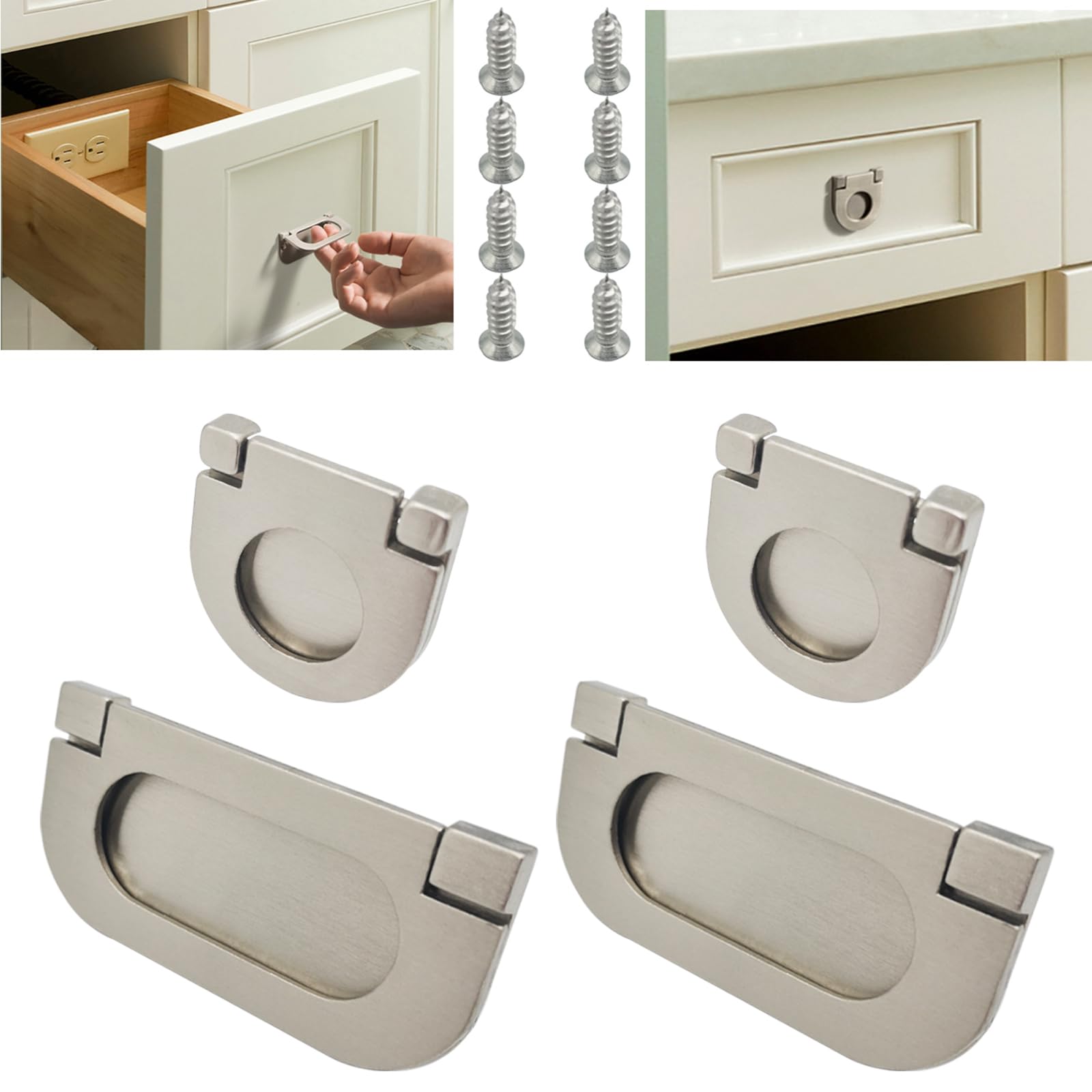 CTRICALVER 4PCS Flush Ring Pull Zinc Alloy Cabinet Drawer Pull Handle|Pull Handle Invisible Door Knob 35mm＆75mm|for Cupboard Drawer Cabinet Wardrobe Accessories-with Screws (Silver)