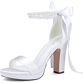 Dilhik Platform Heels Wedding Shoes for Bride Pearl Heels Open Toe Bridal Shoes Wedding Heeled Sandals
