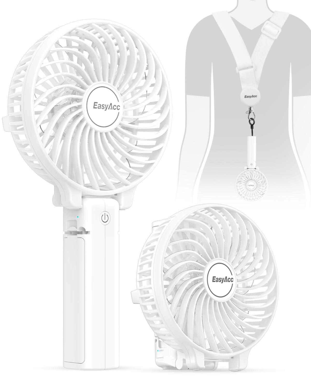 EasyAcc Handheld Fan USB Fans Portable Hand Fan 3 Speeds 180° Foldable with 6 Blades Personal Electric Mini Outdoor Fan with Rechargeable Battery Foldable Handle Desktop for Home Travel Outdoor- White