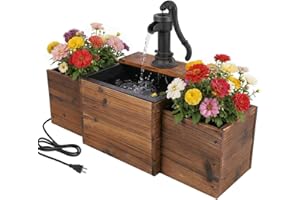 Water Fountain Outdoor, Garden Fountain with Planter Boxes, Wooden Outdoor Water Feature with Retro Hand Pump, Rustic Flower 