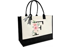 JOJHDR Initial Canvas Beach Tote Bag with Printed letter,Personalized Gifts for Women,Mom,Friends,Teachers and Bridesmaids