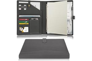 Wonderpool A4 PU Leather Portfolio Holder Ring File Document Case with Removable Binder Clipboard, Multi Pocket and Legal Pad for Business Organizer Interview and Meeting (Gray)