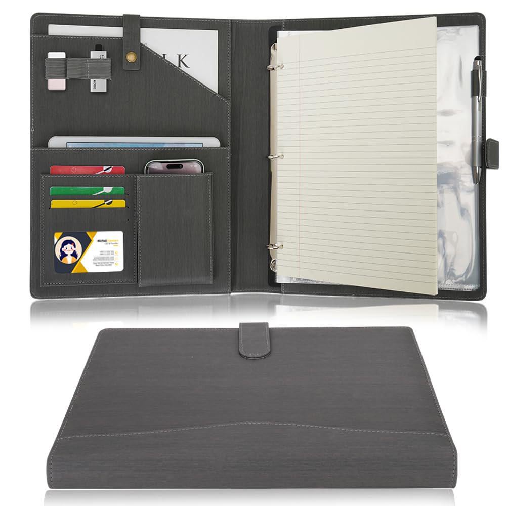 Wonderpool A4 PU Leather Portfolio Holder Ring File Document Case with Removable Binder Clipboard, Multi Pocket and Legal Pad for Business Organizer Interview and Meeting (Grey)