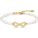 HESSAWELL Pearl Bracelets for Women Dainty Bow Charm Bracelet Baroque Pearl Jewelry Gold Bow Knot Link Bracelet for Women