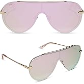 DIFF Imani Designer Oversized Shield Sunglasses for Women UV400 Protection, Gold + Cherry Blossom Mirror