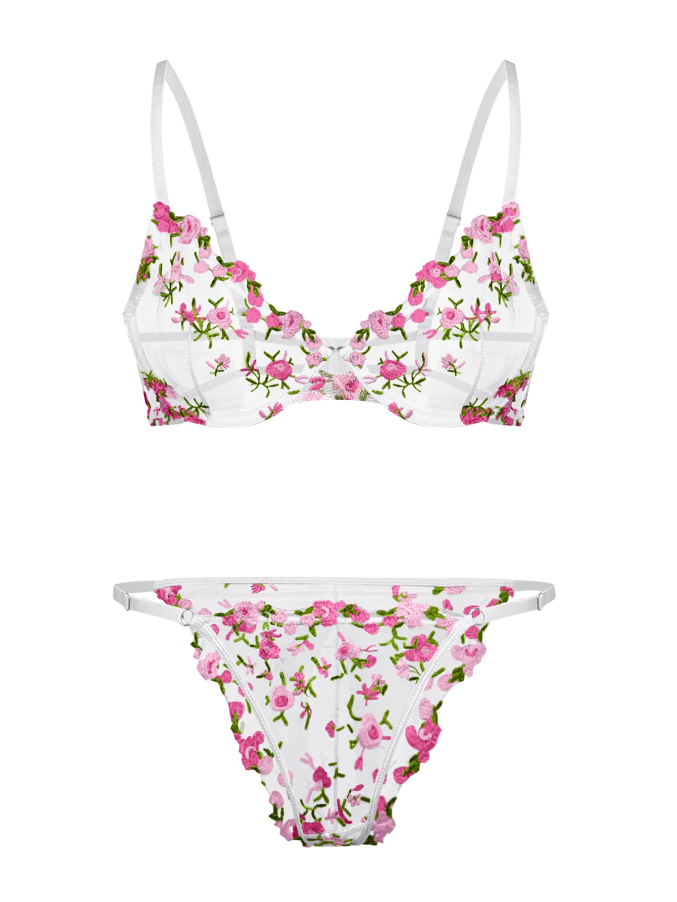 Photo 1 of Lilosy Sexy Floral Embroidered Mesh Sheer Underwire Push Up Lingerie Set Women See Through Bra and Panty 2 Piece Sun Flower White Pink Medium