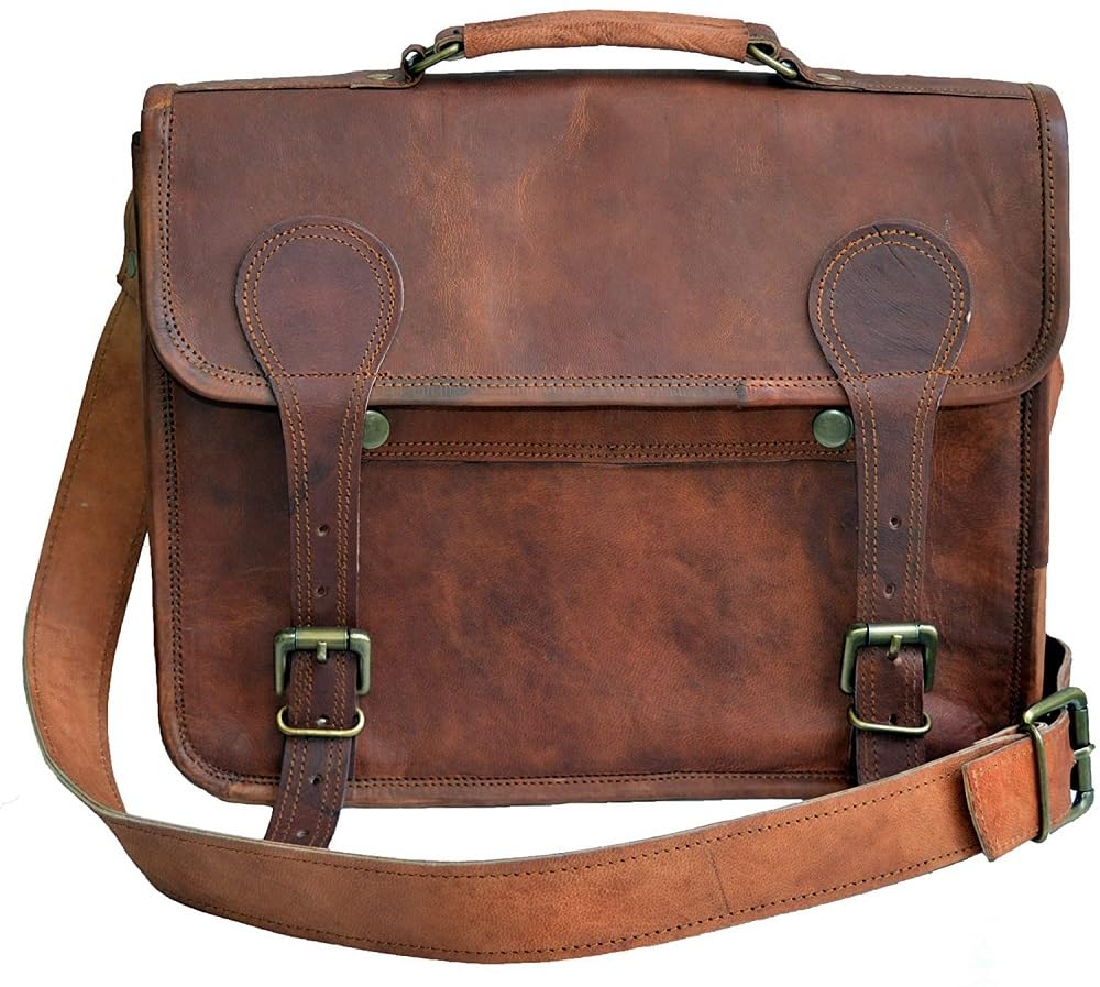 Jaald 13" leather messenger bag laptop case office briefcase gift for men computer distressed shoulder bag