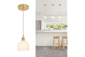 Shenmoyl Pendant Light with White Tulip Glass Lmapshade, Brass Vintage Pendant Light Adjustable Hanging Light for Kitchen Island Dining Room Hallway
