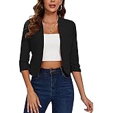 MINTLIMIT Cropped Blazer for Women 3/4 Ruched Sleeve Collarless Open Front Casual Work Office Cardigan Suit Jacket