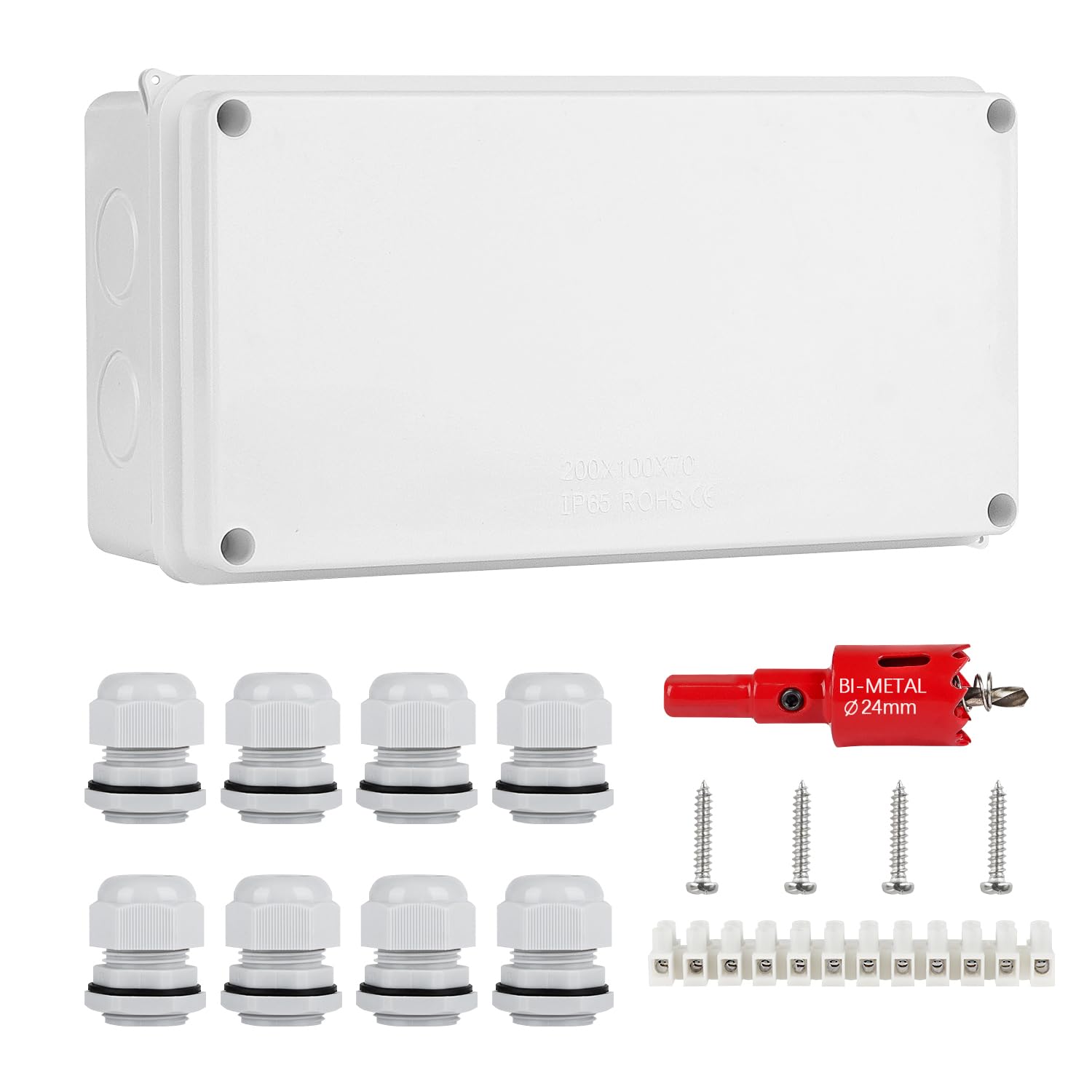 DAMORON IP65 Waterproof Surface-Mounted Junction Box, ABS Material, White, Includes 1 Box, 8 M24 Cable Glands, 12 Strip Terminal Blocks, 4 Stainless Screws, 200 x 100 x 70 mm